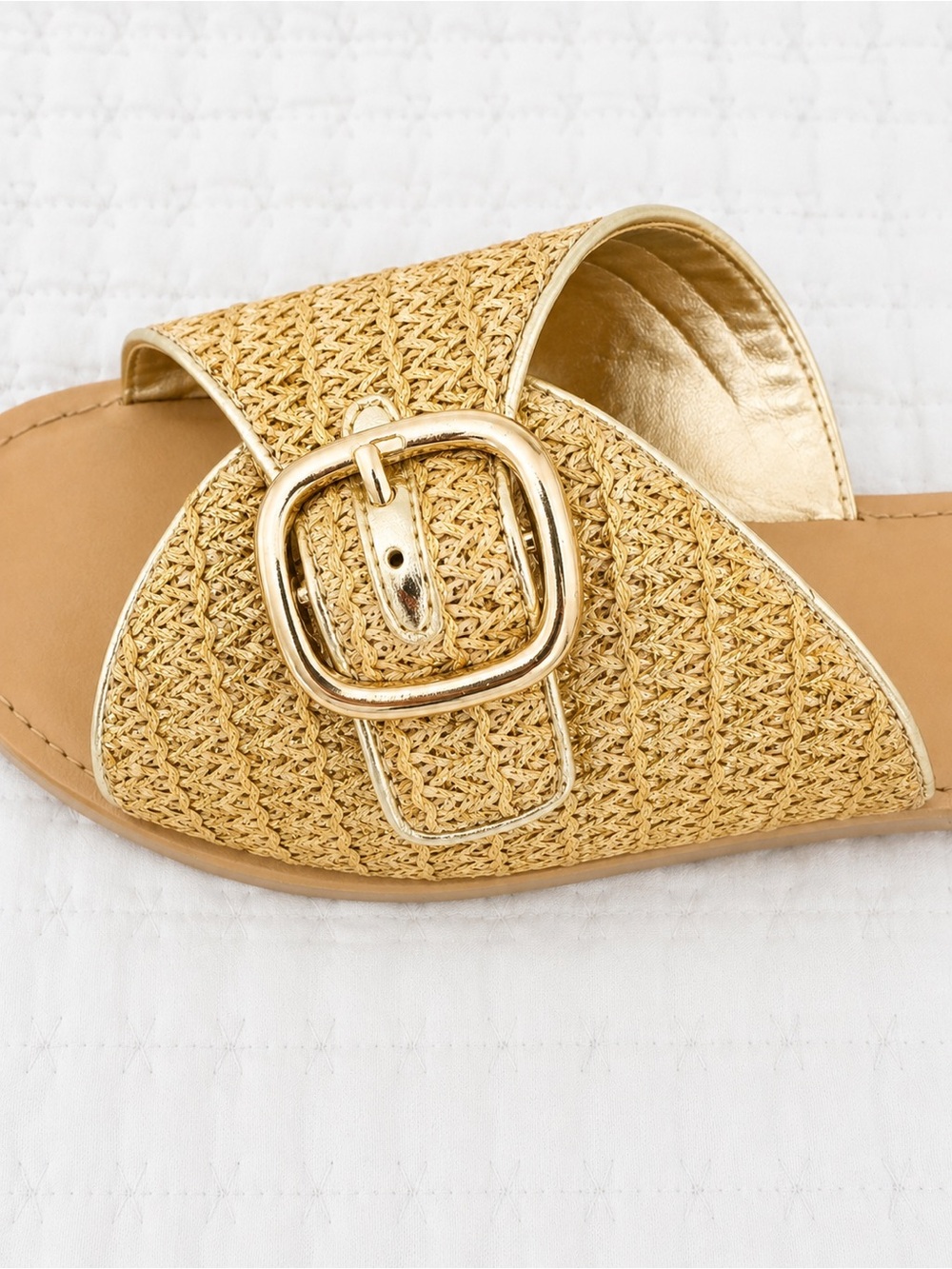 NWT Splendid Sandy Raffia Gold Woven Buckle Slide Sandals Size 10 NWT - Picture 2 of 7